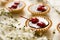 Mini tarts with chocolate and cherries decorated cherry blossom