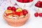 Mini tiny pancakes with straeberries and cherries on white wooden background. Trendy food concept