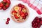 Mini tiny pancakes with straeberries and cherries on white wooden background. Trendy food concept. Flat lay