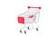 Mini toy metal shopping trolley cart with red handle and four black wheels isolated on white background. Supermarket shopping,