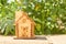 Mini toy wooden house on summer nature background. concept of mortgage, construction, rental, using as family and property concept