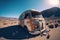 Mini van abandoned in the middle of the desert on a hot summer day. Go pro perspective realistic image.