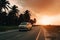 Mini Van rides on an asphalt road against the backdrop of palm trees and sunset. Generative ai