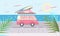 Mini van with surf Board on the roof on the sea beach. Vector illustration in flat style.