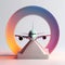 Miniature airplane model, small airliner in rainbow circle, logo or icon design. Air travel concept. Created with generative AI