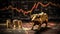 Miniature Bull Figurine in Front of Fluctuating Financial Chart, Symbolizing Market Optimism and Growth. Generative Ai.