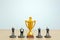 Miniature business concept - businessman lineup rank with golden trophy in the middle