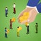 Miniature Business People with Bitcoins. Online Payment Method. Isometric illustration