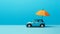 a miniature car and a small umbrella on a tranquil blue background, creating a simple yet impactful representation of car