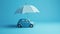 a miniature car and a small umbrella on a tranquil blue background, creating a simple yet impactful representation of car