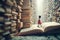 Miniature child looking up amidst a vast of book towers