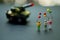 Miniature children holding balloon and enjoy with colorful balloons with tank
