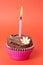 Miniature chocolate cupcake with candle