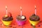 Miniature chocolate cupcakes with candles