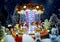 Miniature Christmas village scene. Christmas decorations toys.