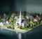 Miniature city with church and trees. 3D rendering. Selective focus.