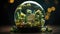 Miniature cityscape within clear crystal ball surrounded by greenery on a dark background