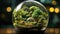 Miniature cityscape within clear crystal ball surrounded by greenery on a dark background