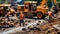 Miniature Construction Site scene set against a backdrop of detailed scale model earthmovers and diggers