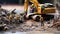 Miniature Construction Site scene set against a backdrop of detailed scale model earthmovers and diggers