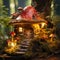 Miniature fairy house in amanita muscaria mushroom. Fairy tale mushroom house in the middle of a magical forest