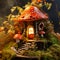 Miniature fairy house in amanita muscaria mushroom. Fairy tale mushroom house in the middle of a magical forest