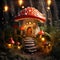 Miniature fairy house in amanita muscaria mushroom. Fairy tale mushroom house in the middle of a magical forest