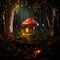 Miniature fairy house in amanita muscaria mushroom. Fairy tale mushroom house in the middle of a magical forest