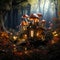 Miniature fairy house in amanita muscaria mushroom. Fairy tale mushroom house in the middle of a magical forest