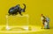 Miniature family visits a museum exhibition with Rhino Beetle