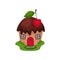 Miniature fantasy house in form of sweet cupcake with chocolate roof and red cherry on top. Cartoon flat vector design