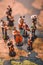 Miniature figurines of musicians on a world map. Generative AI image.