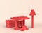 Miniature gas station with car, 3d Icon, monochrome red flat color plastic, 3d rendering