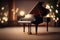 Miniature grand piano in a music room with a yellow bokeh background