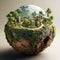 Miniature green spherical city. Eco-city in a circular glass with green plants. Ecology and environment concept. Small town locked