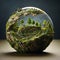 Miniature green spherical nature. Wildlife in circular glass with green plants. Ecology and environment concept. A small sphere of