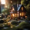 Miniature house with beautiful garden with dramatic ambient lighting