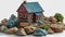 Miniature house with blue roof on a pile of stones on a white background