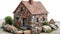 Miniature house with blue roof on a pile of stones on a white background