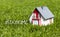 Miniature house with fresh green grass and message Stay home