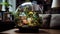 Miniature House and Garden in Terrarium Sphere Glass Display in Living Room, generative AI