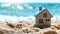 A miniature house on the sand against the backdrop of the sea or ocean. Travel vacation rental concept. Resort property