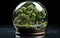 A miniature house and trees inside a glass dome. AI