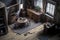 Miniature Hyperrealistic middle age ,apartment on the wooden table, diaroma, handmade, 3D Render Hyperrealism, Miniature dioramas