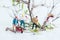 Miniature lumberjacks working together in cutting and felling trees close up