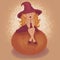 a miniature magical beautiful witch in clothes of red flowers sits on a large orange pumpkin and waits for someone