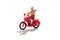 Miniature man with scarf flying riding a motorbike