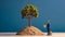 Miniature man is standing on top of pile of dirt with tree growing out of it. Generative AI