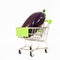 Miniature metal supermarket cart with glossy ripe eggplant isolated background