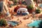 A miniature model of a camper van in the desert. Generative AI image.